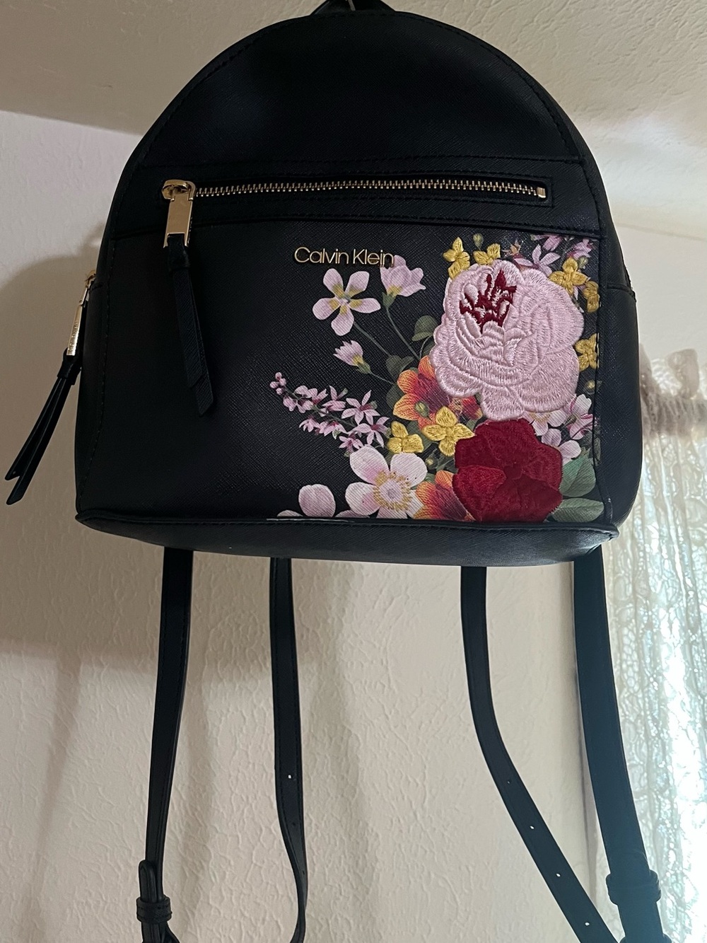 Calvin Klein Black Floral Mini Backpack with Gold Hardware - Picture 2 of 8